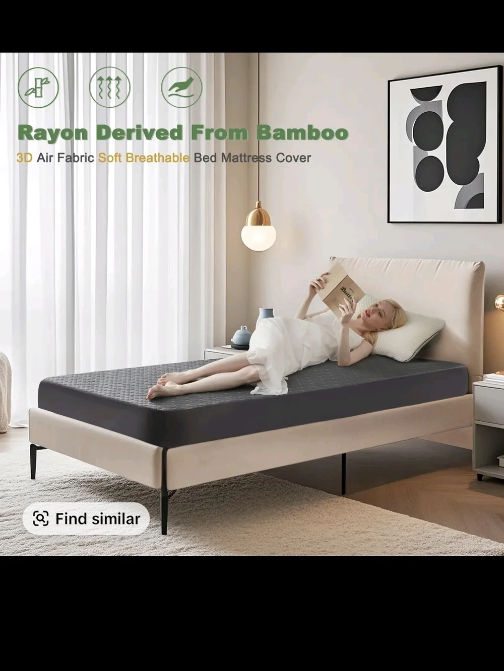 Bedlore Bamboo-Derived 3D Air Fabric Mattress Cover - Gray Queen Size New